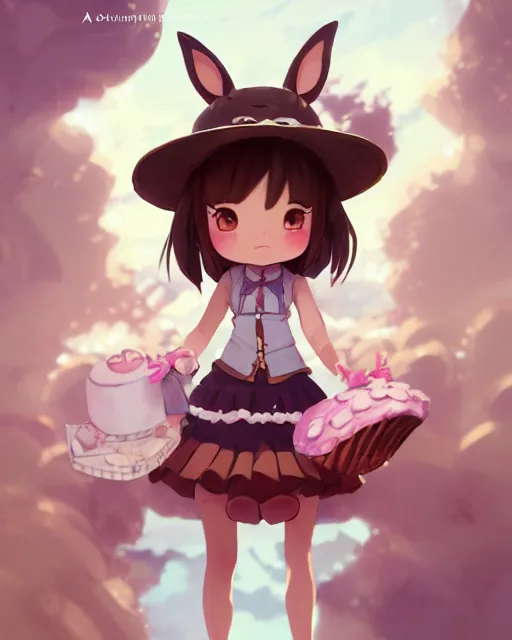 Prompt: a girl as personification of chocolate cupcake, character design, cute hats, unreal engine, highly detailed, digital illustration by artgerm, tooth wu, studio ghibli, sharp focus, artstation. ribbons, dog ears. a fantasy bakery by studio ghibli, makoto shinkai, global illumination, sweets,