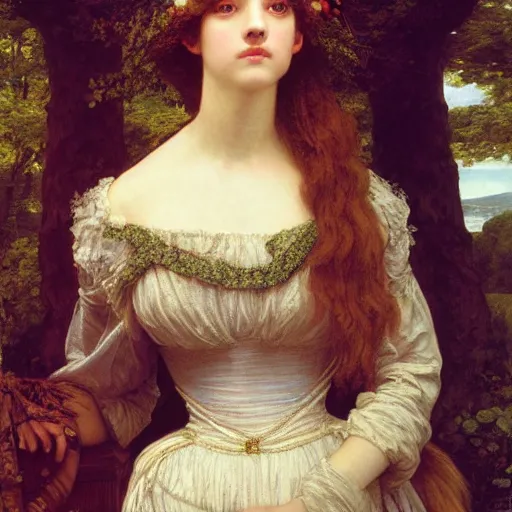Image similar to portrait en buste of amanda seyfried in an edwardian dress by frederic william burton and frederic leighton, abundantly detailed, perfectly detailed eyes