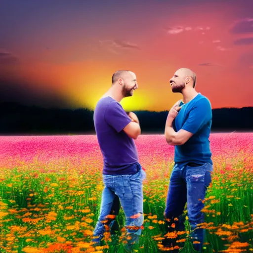 Image similar to a gay couple in their 30s together in a field of flowers at sunset, realistic, intricate, 4k