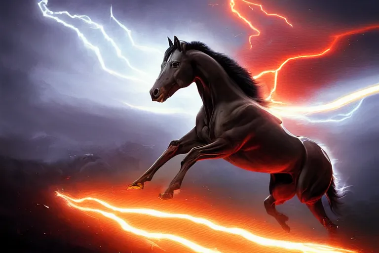 Image similar to a stunning digital painting of a horse as the flash running in the speedforce by greg rutkowski, volumetric light, digital art, fine detail, photorealistic