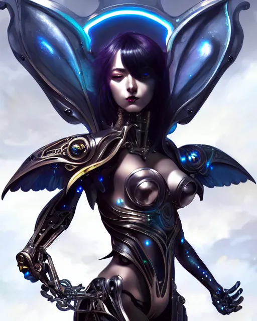 Image similar to 3 / 4 view of a cyborg woman with metal wings, pixie character, genshin impact, fantasy magic, dark light night, intricate, elegant, sharp focus, illustration, highly detailed, concept art, matte, art by wlop and artgerm and greg rutkowski, anime, trending on artstation