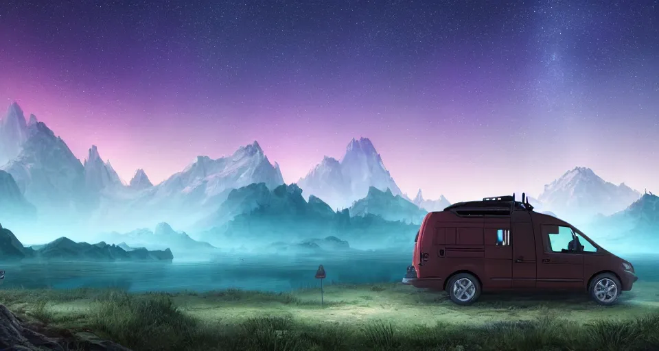 Image similar to An epic fantasy style landscape painting of a Mountainrange and a lake, with a starry sky and aurora and a Volkswagen Caddy Campervan, unreal 5, DAZ, hyperrealistic, octane render, dynamic lighting