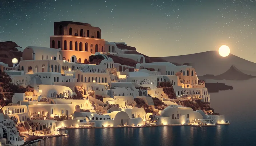Image similar to 🌟🌜🎆, Art Deco, in SANTORINI island, starry night, Trending artstation, octane render, cgsociety, surrealist, cinematic, shadow of the tomb rider