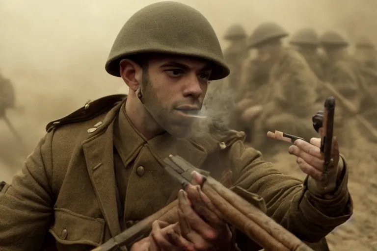 Image similar to jay baruchel smoking cigar, as world war 1 soldier in the trenches, bullets whizzing past, cinematic lighting, high contrast, 4 k hdr imax cinematography by roger deakins, award winning shot, beautiful composition, principal photography, vfx action shot