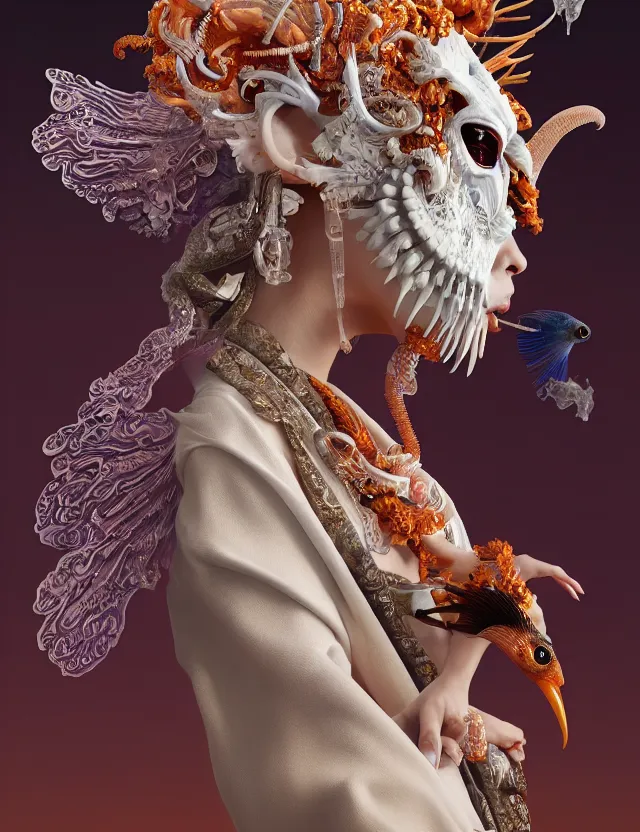 Image similar to 3 d goddess in robe close - up profile portrait with ram skull. beautiful intricately detailed japanese crow kitsune mask and clasical japanese kimono. betta fish, jellyfish phoenix, bio luminescent, plasma, ice, water, wind, creature, artwork by tooth wu and wlop and beeple and greg rutkowski