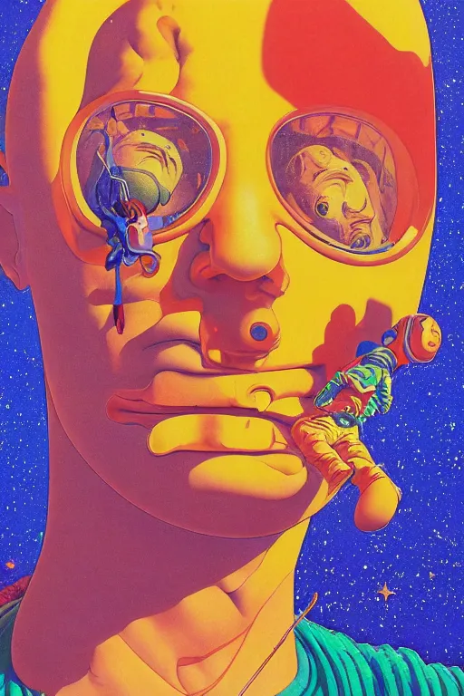 Prompt: a colorful vibrant closeup portrait of a simple cosmonaut licking a tab of LSD acid on his tongue and dreaming psychedelic hallucinations, by kawase hasui, moebius, Edward Hopper and James Gilleard, Zdzislaw Beksinski, Steven Outram colorful flat surreal design, hd, 8k, artstation