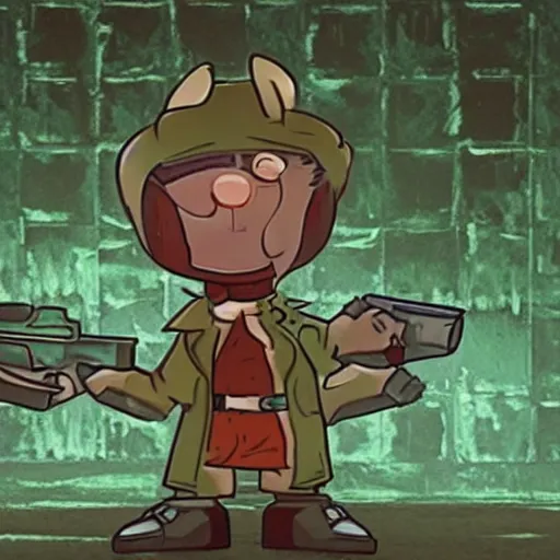 Image similar to Elmer Fudd from Loony Tunes in Doom, wearing green armor and helmet, killing demons, rip and tear, video game