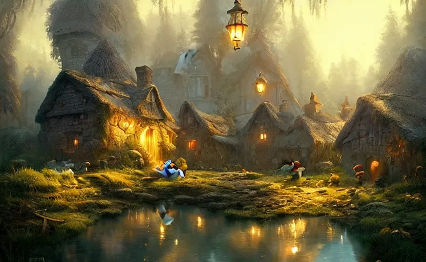 Image similar to a beautiful photo the smurfs village, hyper realistic, natural light, concept art, by greg rutkowski, cozy atmospheric and cinematic lighting