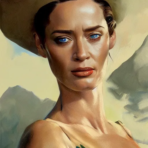 Image similar to ultra realistic portrait painting of john emily blunt as farmer, art by frank frazetta, 4 k, ultra realistic, highly detailed, epic lighting