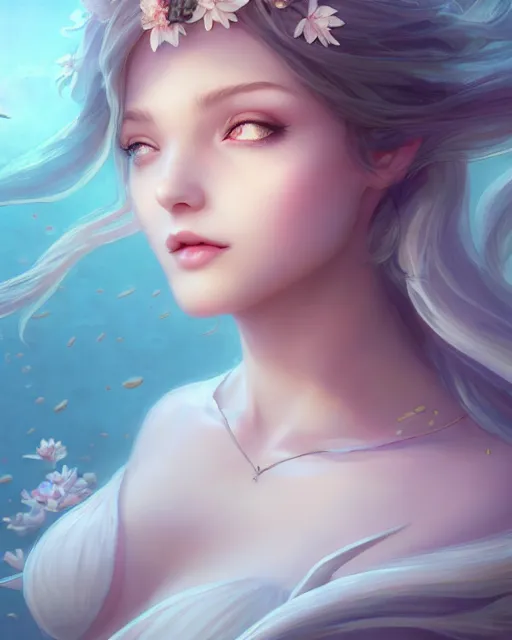 Image similar to character art of a goddess of magnolias as windy dusty underwater angelic young female | | seductive - fine - face, pretty face, key visual, realistic shaded perfect face, fine details by artgerm, wlop, nekro, james jean, andrei riabovitchev, marc simonetti, trending on artstation