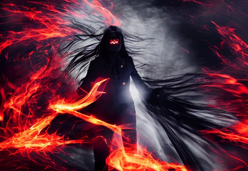 Image similar to low angle shot of a Woman made of black flames, wearing a strict business suit, with no face, with no mouth, with glowing red eyes, with a red halo over her head, with red halo, in an action pose, fiery waves around her, surrounded by war, authoritarian, tense, madness combat, strong dramatic cinematic lighting , blood red sky, harsh dark clouds, grey skin, smooth, sharp focus, extremely detailed, illustration, digital painting, artstation, sharp focus, by Godmachine and Annie Swynnerton and Nicholas Roerich
