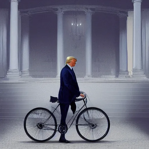 Image similar to president trump repairs bicycles, at the white house, photography, hyperrealistic, by beeple, greg rutkowski, caspar david friedrich, smooth, illustration, elegant, artstation, digital painting.