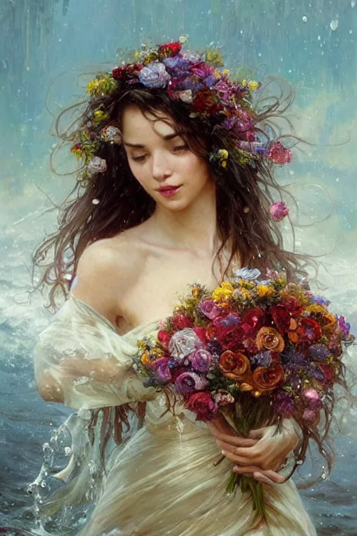 Image similar to portrait of a beautiful mysterious woman holding a bouquet of flowing flowers, wet dripping long hair, hands hidden under the bouquet, emerging from the water, fantasy, regal, intricate, by stanley artgerm lau, greg rutkowski, thomas kindkade, alphonse mucha, loish, norman rockwell