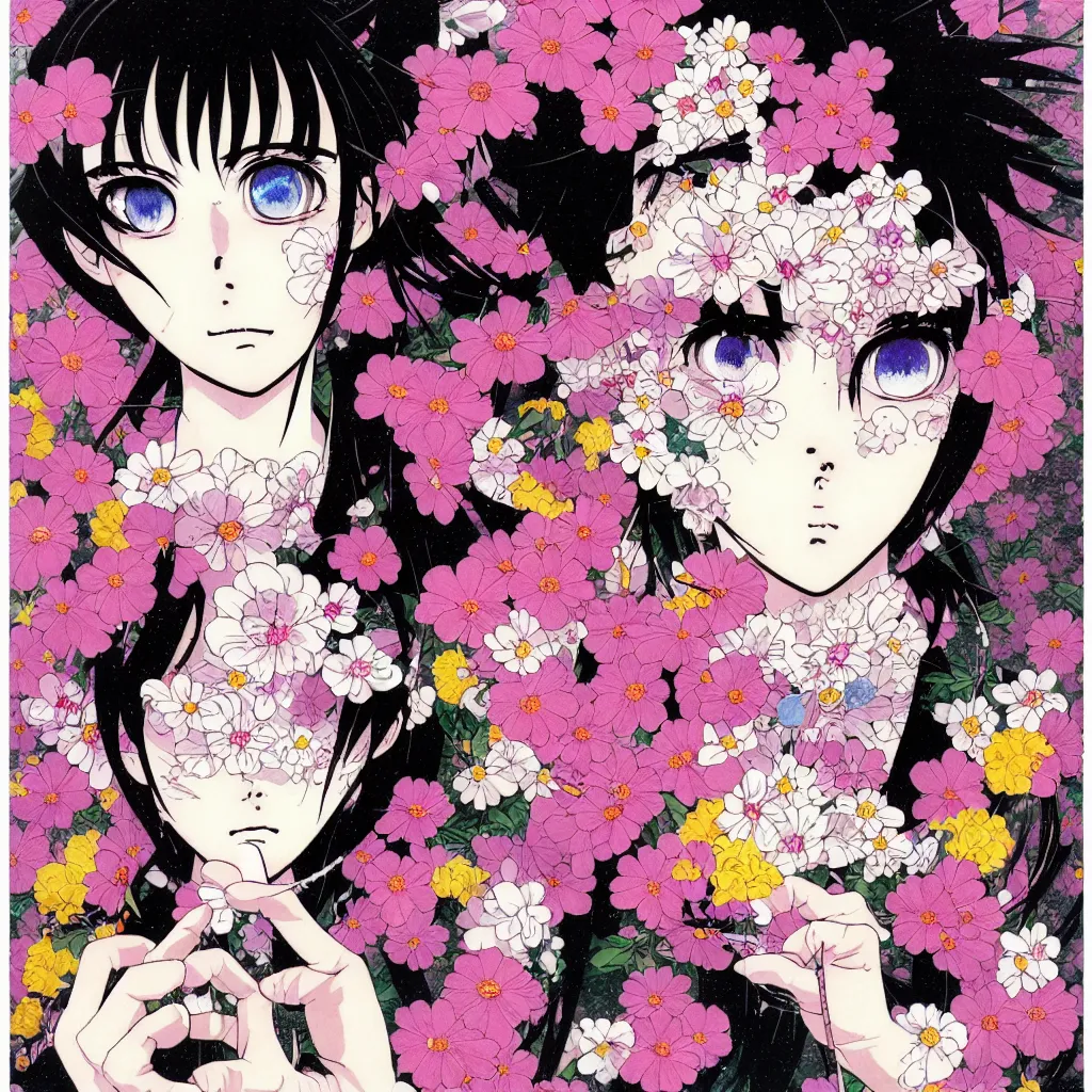 Image similar to prompt: Fragile portrait of persona covered with random flowers illustrated by Katsuhiro Otomo, inspired by sailor moon and 1990 anime, smaller cable and cryborg parts as attributes, eyepatches, illustrative style, intricate oil painting detail, manga 1980