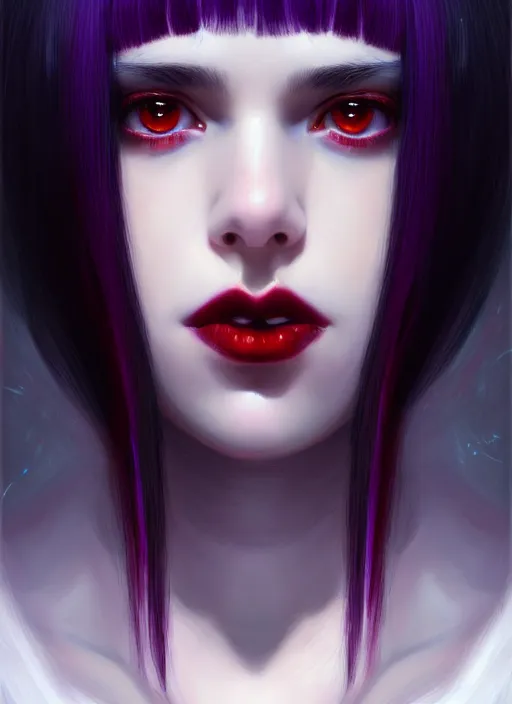 Image similar to portrait of teenage girl, red irises, red eyes, black hair, white bangs, purple lipstick, white bangs, bangs, black hair and white bangs, intricate, elegant, glowing lights, highly detailed, digital painting, artstation, concept art, smooth, sharp focus, illustration, art by wlop, mars ravelo and greg rutkowski