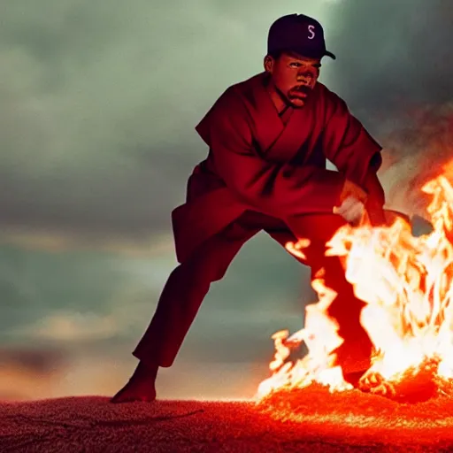 Image similar to cinematic film still of Chance The Rapper starring as a Samurai holding fire, Japanese CGI, VFX, 2022, 40mm lens, shallow depth of field, film photography