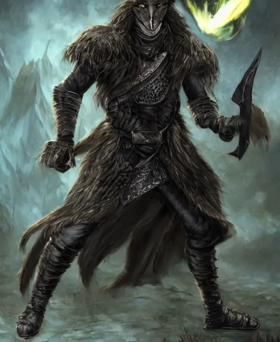 Image similar to humanoid male khajiit rogue with a scar on left eye, wearing leather armor with a hood, mainecoon cat features with jet black fur, far - mid shot, magic the gathering, fantasy