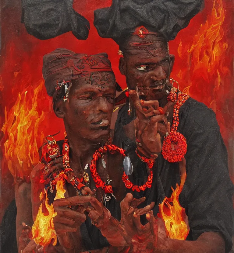 Prompt: a realistic painting of the yoruba god of the streets and paths, orisha esu, wearing red and black clothes with fire in his right hand, digital art, detailed.