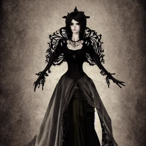 Image similar to full length portrait of a woman with timeless beauty & breathtaking eyes dressed in gothic attire, intricate digital art, elegant, DSLR 8K, biblical art, realism, incomprehensible detail, final fantasy & silent hill aesthetic, photorealistic, lifelike, created by Razaras on deviantart