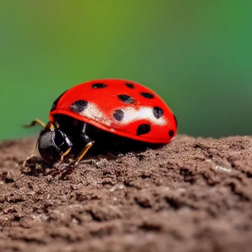 Prompt: a tiny world made of mud, there is a beautiful ladybug with 6 legs crawling in the middle, ready to fly away, wings opened up, ambient light, beautiful photography
