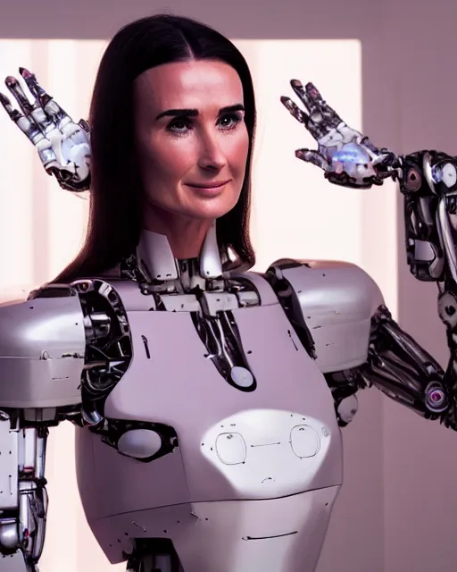 Image similar to portrait of blissful young demi moore as a solarpunk mecha humanoid robotic parts with bright led lights, real human face, pudica pose gesture, by michelangelo, in white room, ultra - realistic and intricate, soft focus 8 k