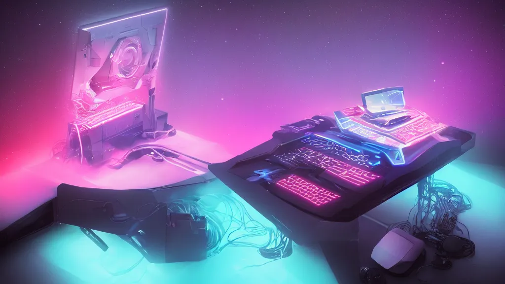 Image similar to a galactic overpowered computer. (cyan, pink, purple, orange) Overclocking, watercooling, custom computer, nebula, mat black metal, alienware, cosmic design, desktop computer, nebula, galactic, space, minimalist desk, minimalist home office, whole room, minimalist, Beautiful dramatic dark moody tones and lighting, orange neon, Ultra realistic details, cinematic atmosphere, studio lighting, shadows, starts lighting, starts, dark background, dimmed lights, industrial architecture, Octane render, realistic 3D, photorealistic rendering, 8K, 4K, Cyborg R.A.T 7, Republic of Gamer, computer setup, highly detailed