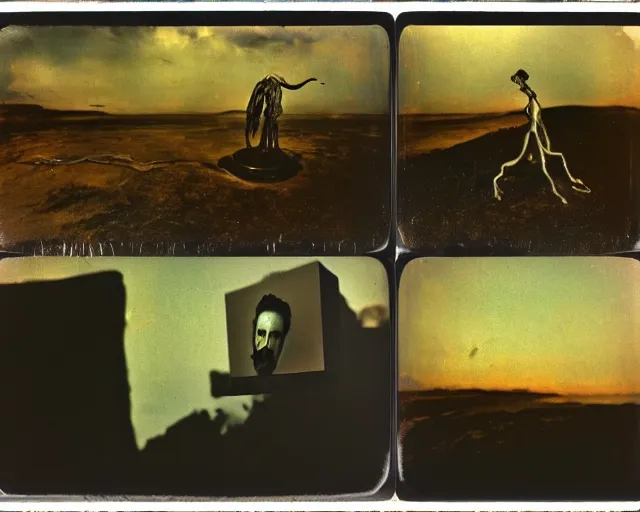 Image similar to John Singer Sargent. Salvador Dali. Hazy polaroid collage. John Singer Sargent. Salvador Dali. black cubes made of metal, concrete, and slime falling from the sky. POV photos from the apocalypse. 4000 ISO. John Singer Sargent. Salvador Dali. images that you are not supposed to see