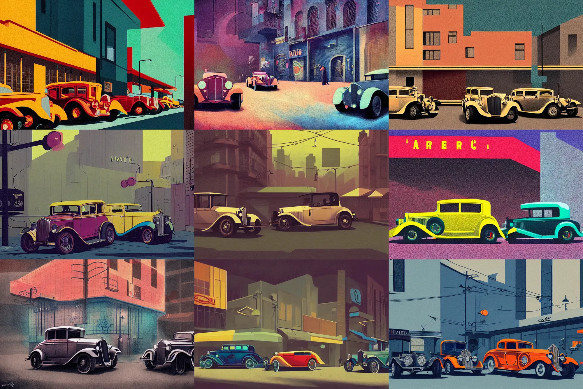 Prompt: 1 9 3 0 s cars parked outside a bar, modern art deco, colorful, mads berg, christopher balaskas, victo ngai, fine texture, detailed, muted colors, dynamic composition, matte print, wide angle, moody, ( ( stippling light ) ), very grainy texture, ( ( strong stippled shadows ) )