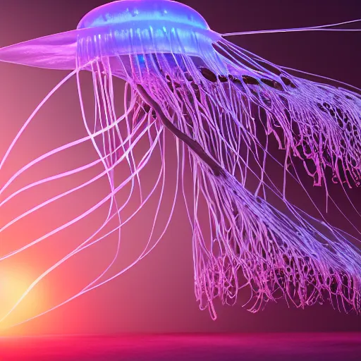 Prompt: side view a group of robot mechanical sense halitrephes maasai jellyfish's growing form tree branch, diode, sunset, secret <, c 4 d, 8 k cleaning future, highly quality penetrating feeling bright light, cg, cyberpunk