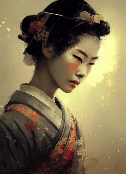 Image similar to female geisha girl, beautiful face, rule of thirds, intricate outfit, spotlight, by greg rutkowski, by jeremy mann, digital painting