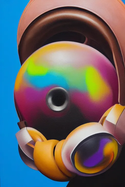 Image similar to hyperrealism surrealism acrylic painting, close - up portrait of bowling ball - with big headphones and a mime sweater, aerosol splashes on paper background, art by jeff soto