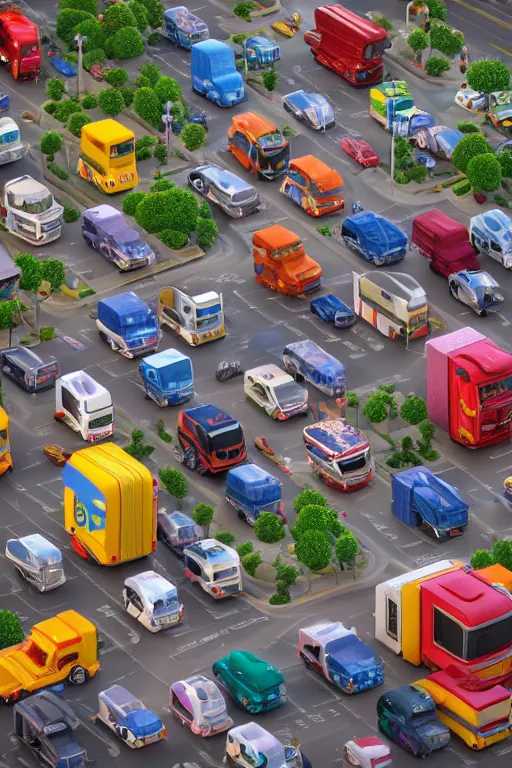Prompt: street view of an overpopulated truck city, voxel 3d, ultra hd, design by Mark Ryden and Pixar and Hayao Miyazaki, unreal 5, DAZ, hyperrealistic, octane render, cosplay, RPG portrait, dynamic lighting, intricate detail, summer vibrancy, cinematic