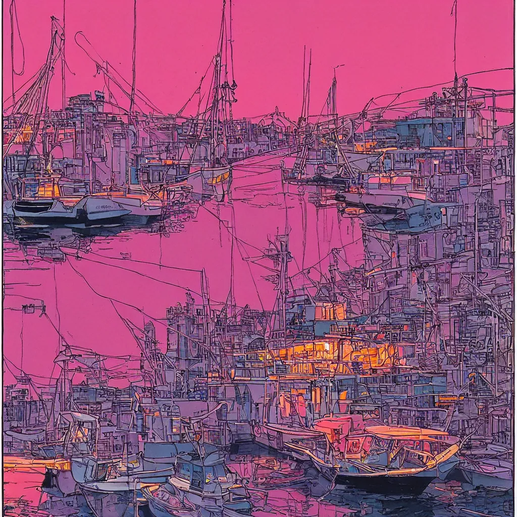 Image similar to the city lights were bright pink and orange and shone overhead. the harbour looked beautiful the sun reflecting off of the water and the neon lights of the city gave of a warm feeling, a fishing boat in first plan, by moebius