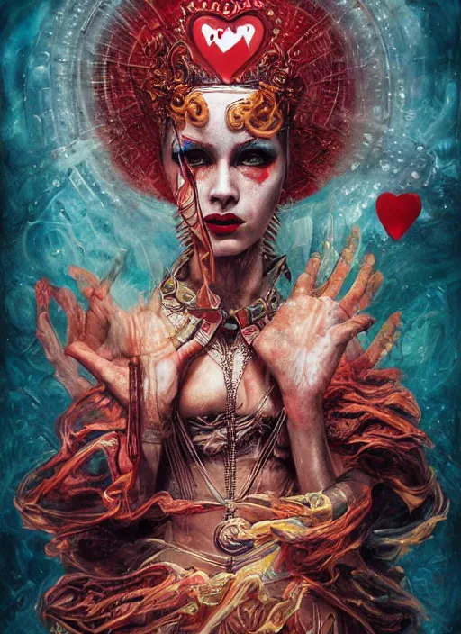 Image similar to queen of hearts the magician tarot card, highly detailed, cinematic, 8 k, by megan duncanson, stanley artgermm, tom bagshaw, craig mullins, carne griffiths, ayami kojima, beksinski, giger, trending on deviantart, hyper detailed, horror, full of colour