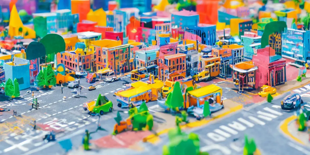 Image similar to paper craft diorama of a colorful city with people and cars