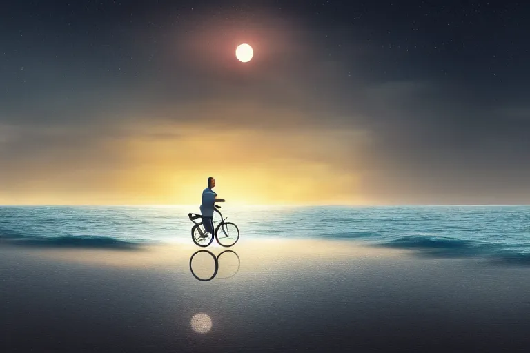 Image similar to photo of man riding a bicycle along the beach, glowing underwater toward a lighthouse in the distance, silhouette, wide horizon, large white clouds, night, intricate, elegant, highly detailed, digital painting, artstation, concept art, smooth, sharp focus, illustration, art by artgerm and greg rutkowski and fra angelico