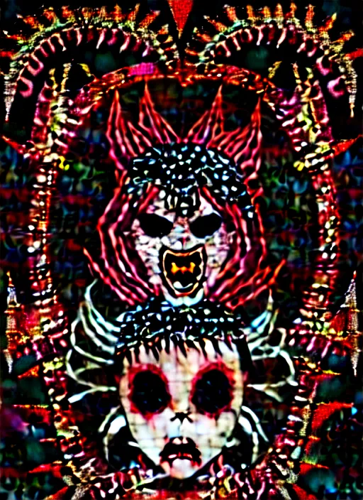 Image similar to baroque bedazzled gothic royalty frames surrounding a pixelsort emo demonic horrorcore japanese yokai doll, low quality sharpened graphics, remastered chromatic aberration spiked korean bloodmoon sigil stars draincore, gothic demon hellfire hexed witchcore aesthetic, dark vhs gothic hearts, neon glyphs spiked with red maroon glitter breakcore art by guro manga artist shintaro kago