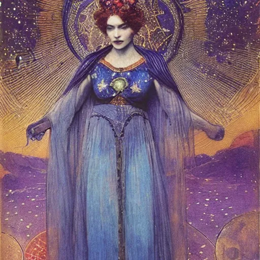 Prompt: the queen of the moon and the stars in full regalia, by Annie Swynnerton and jean delville and Edmund Dulac and Tino Rodriguez, elaborately costumed, rich color, dramatic cinematic lighting, extremely detailed