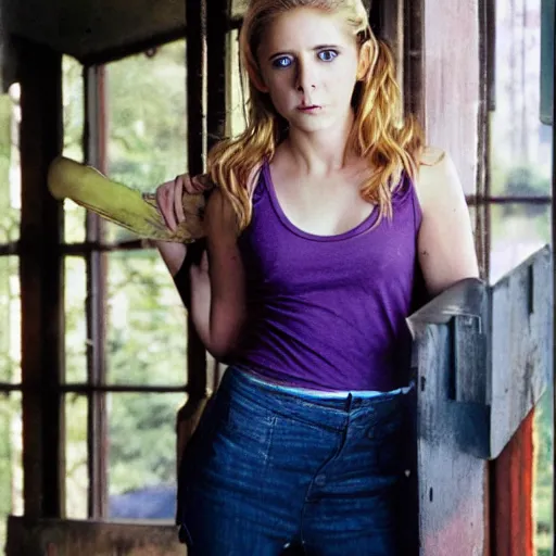 Prompt: sarah michelle gelar, buffy the vampire slayer, beautiful natural light, blue hour, by annie leibowitz