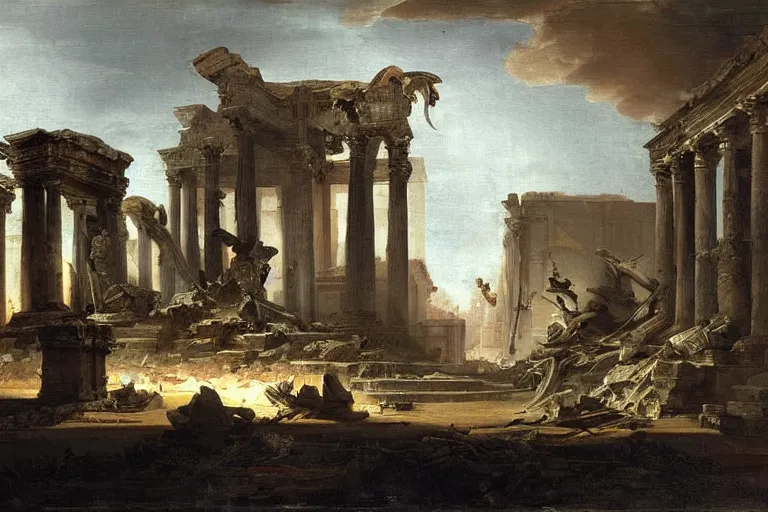 Prompt: starship painting spaceship crashed into rome temple by hubert robert detailed