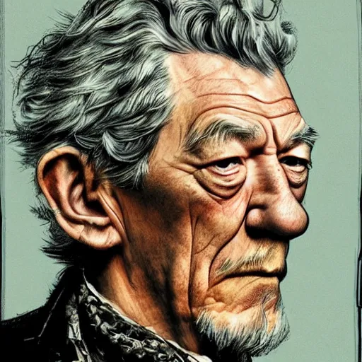 Image similar to a realistic yet scraggly portrait photo of the side profile of a stern and sophisticated ian mckellen as a pirate captain, octane render, intricate details, in the style of frank auerbach, in the style of sergio aragones, in the style of martin ansin, in the style of david aja, in the style of mattias adolfsson