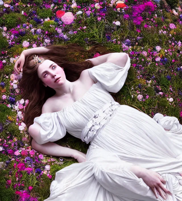 Image similar to baroque portrait of a icelandic princess in a white dress, lying down in a river made of thousands of flowers, cinematic lighting, photorealistic, octane render, 8 k, depth of field, art by artgerm and greg rutkowski and alphonse mucha and uang guangjian