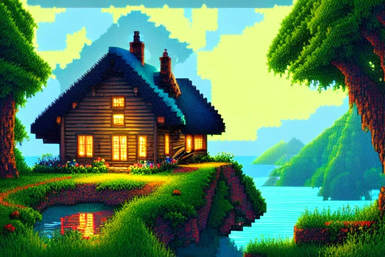 Image similar to view of a cottage above an azure lake, beautiful detailed pixelart by albertov and by kirokaze, intricate details, dithered gradients, beautiful, volumetric lighting, cgsociety, artstation