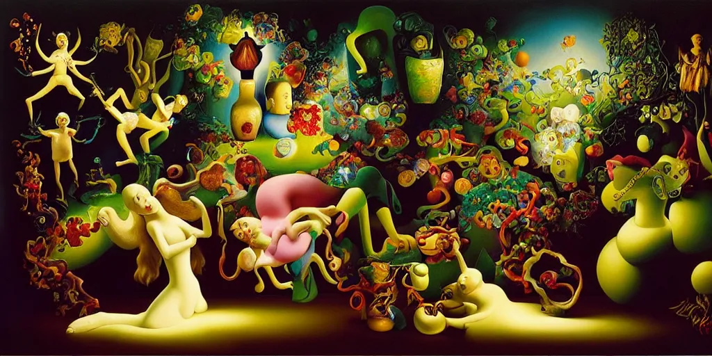 Image similar to the three imaginary fates pleasure dream adventure love abstract oil painting by gottfried helnwein pablo amaringo raqib shaw