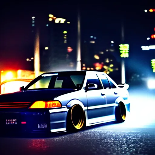 Image similar to a car JZX100 twin turbo drift at illegal car meet, Shibuya prefecture city midnight mist lights cinematic lighting photorealistic highly detailed wheels, high detail