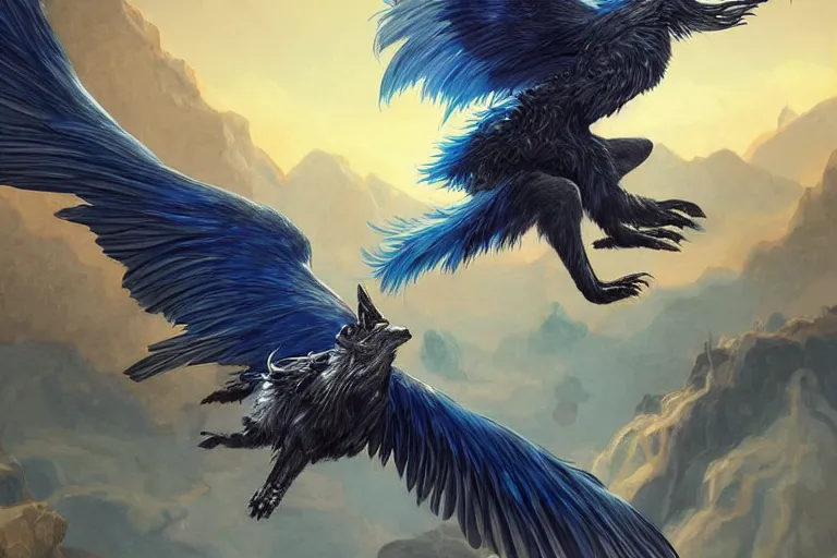 Prompt: Blue feathered wolf with wings on a beautiful fantasy landscape, hills, mountains, moonlit, HD, illustration, epic, D&D, fantasy, intricate, elegant, highly detailed, digital painting, artstation, concept art, smooth, sharp focus, illustration, art by artgerm and greg rutkowski and alphonse mucha