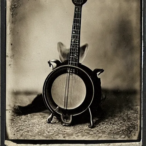 Prompt: A sepia-toned wet plate photograph, of a fox playing banjo, circa 1912, fox playing a banjo