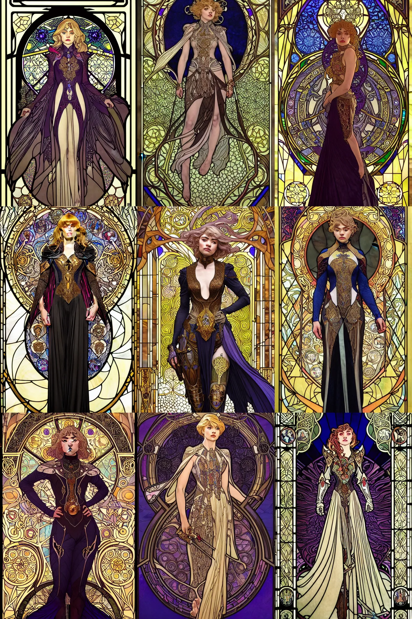 Prompt: full - body portrait, imogen poots paladin, by yoann lossel, jakub rebelka. art nouveau neo - gothic stained glass by mucha. dota. swirly intricate glass linework background. gaudy colors, sharp edges. ultra clear detailed. 8 k. elegant. octane render