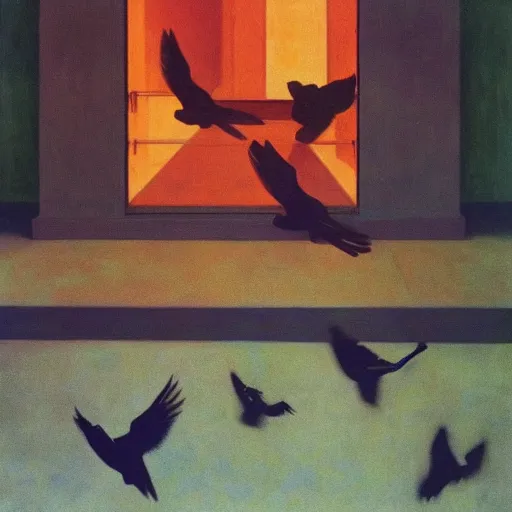 Image similar to battle if crows in a soviet building, hyperrealistic film still by edward hopper, by gottfried helnwein, by klimt, by paolo uccello, art nouveau, highly detailed, strong lights, liminal, eerie, metaphysical, bright pastel colors