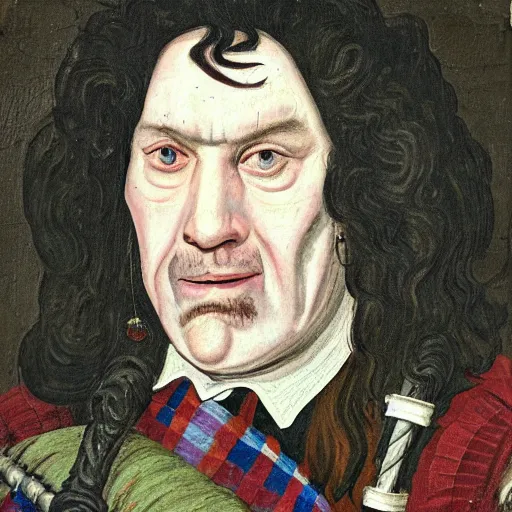 Image similar to a realistic 1 7 th century portrait of harry, a man with scottish features and exceptionally large bagpipes wearing quilts and wielding a wand. very pale, with a large pointy nose. hagrid in the background and hedwig on his shoulder